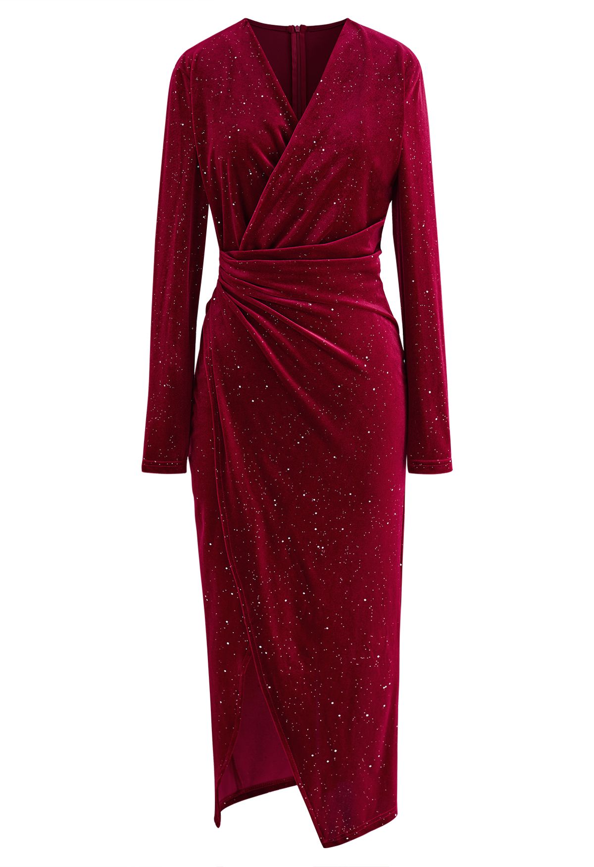 Glittery Velvet Wrap Midi Dress in Burgundy