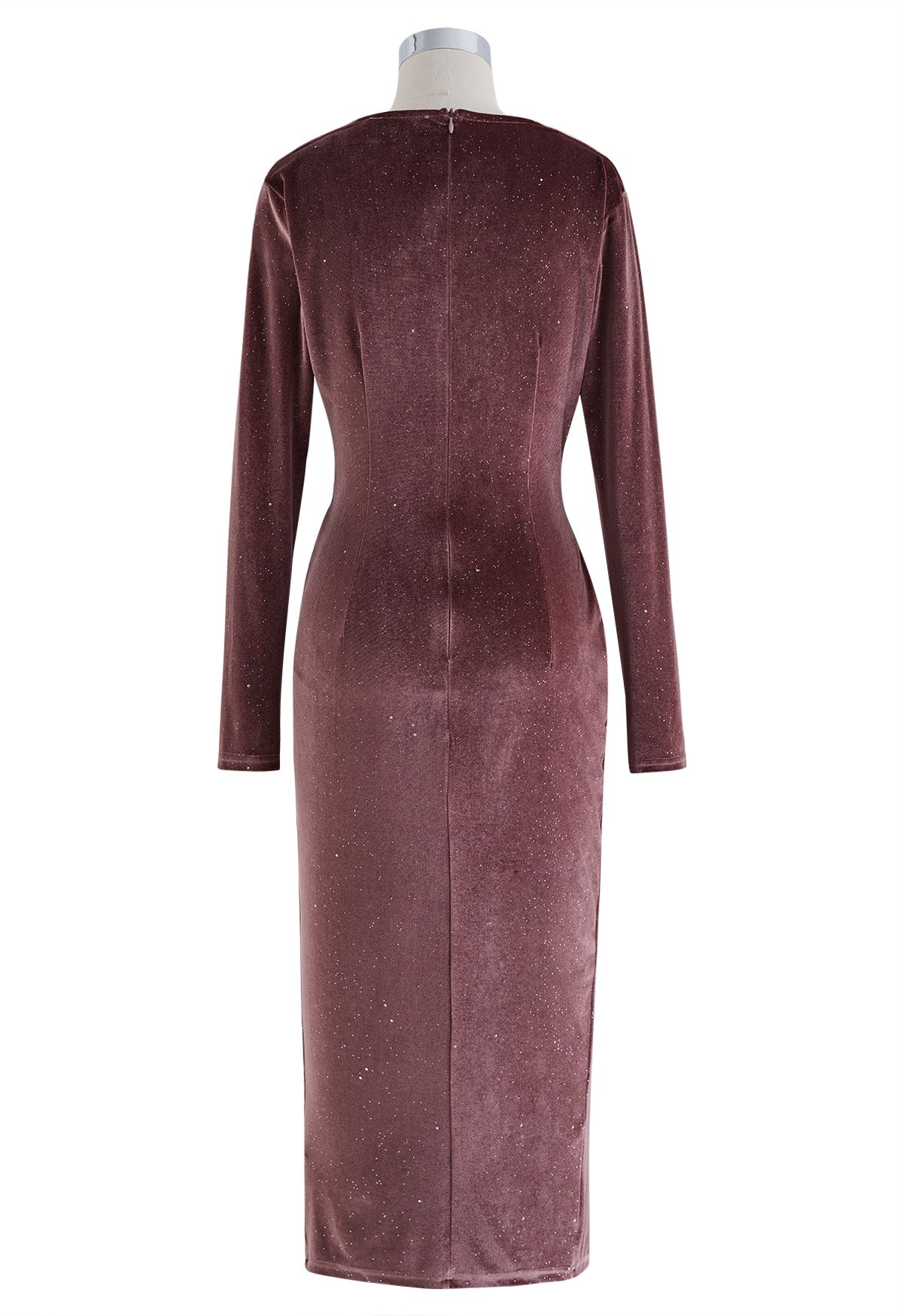 Glittery Velvet Wrap Midi Dress in Brown