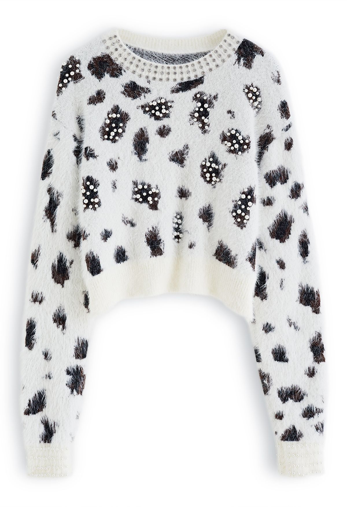 Pearly Leopard Fuzzy Knit Crop Sweater in White