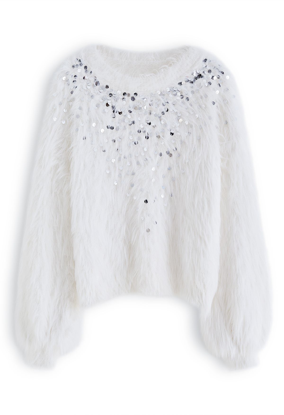Fluffy Silver Sequins Knit Sweater in White