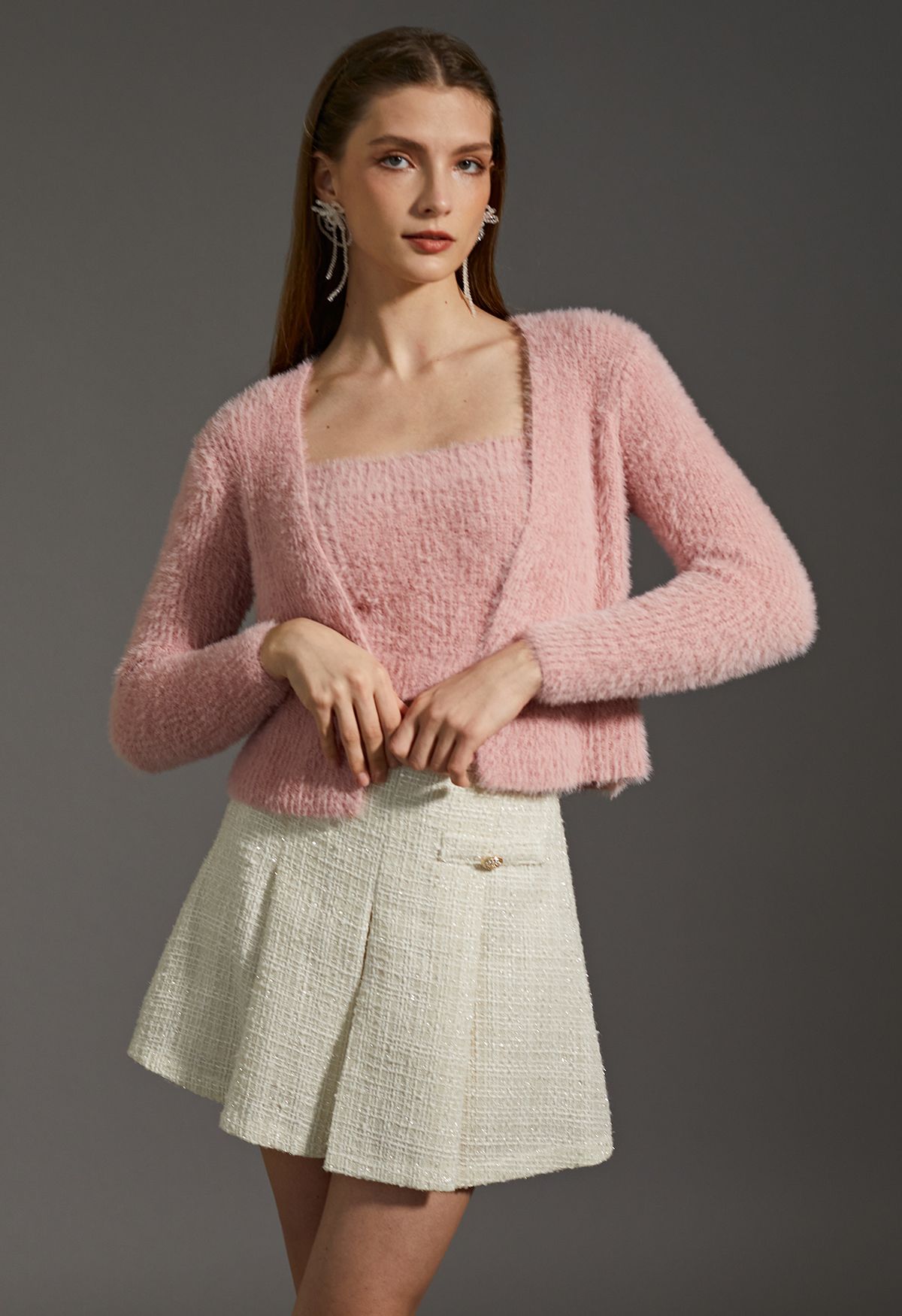 Extra Soft Fuzzy Knit Cami Top and Cardigan Set in Pink