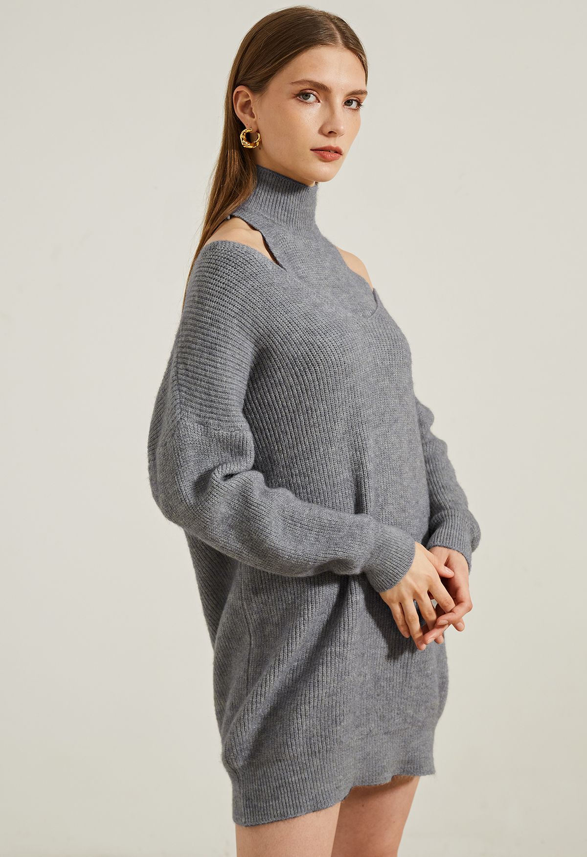 Cold-Shoulder Two-Piece Sweater Dress in Grey