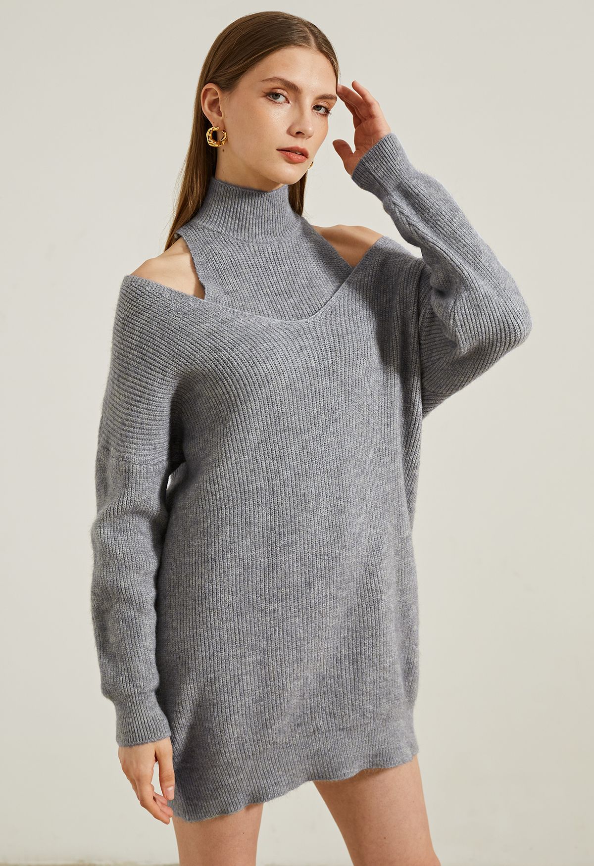 Cold-Shoulder Two-Piece Sweater Dress in Grey