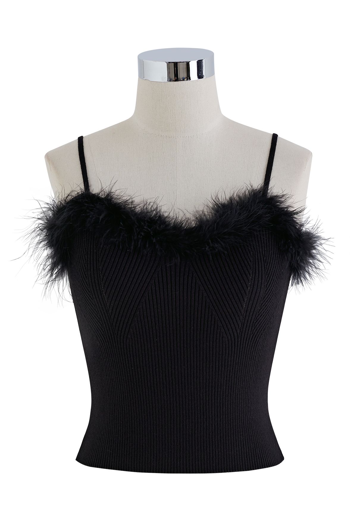 Feather Trim Cami Top and Sweater Sleeve Set in Black