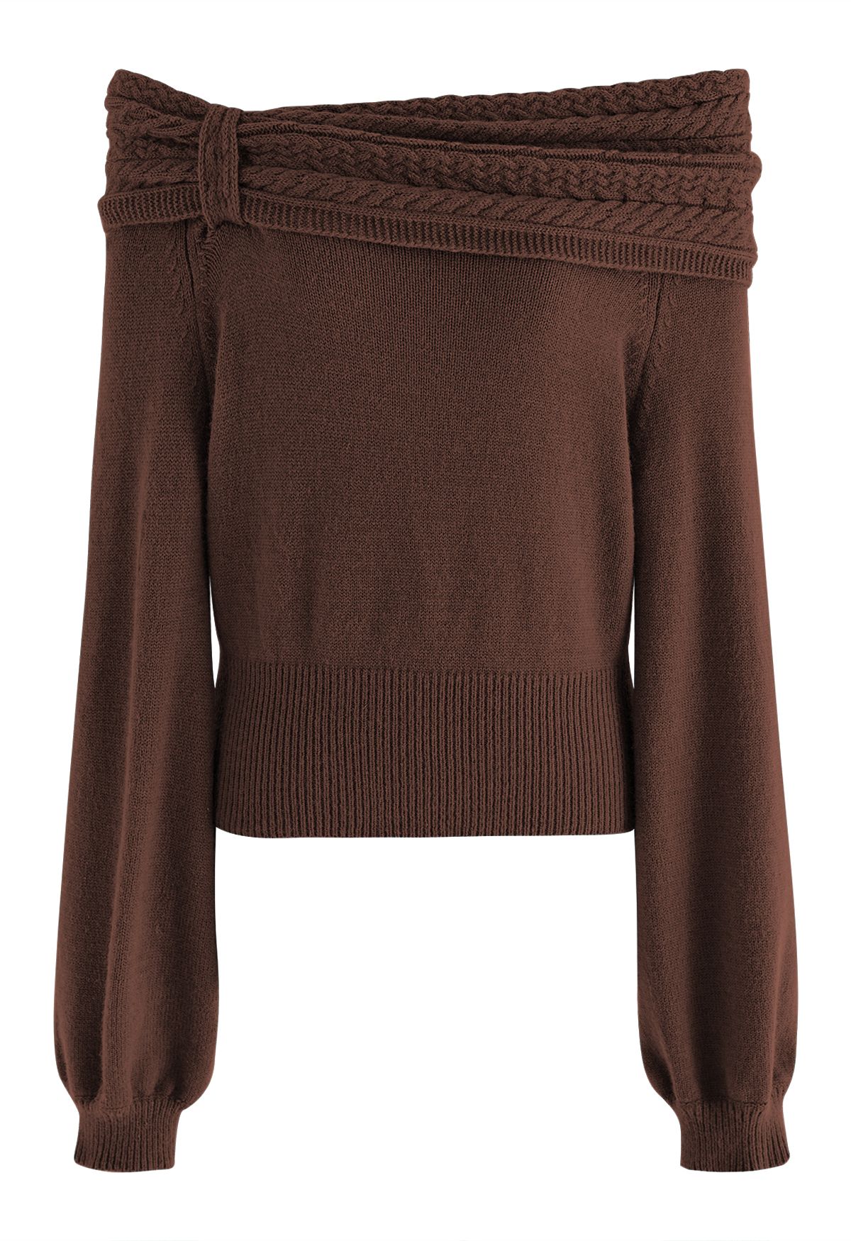 Braided Flap Off-Shoulder Knit Top in Brown