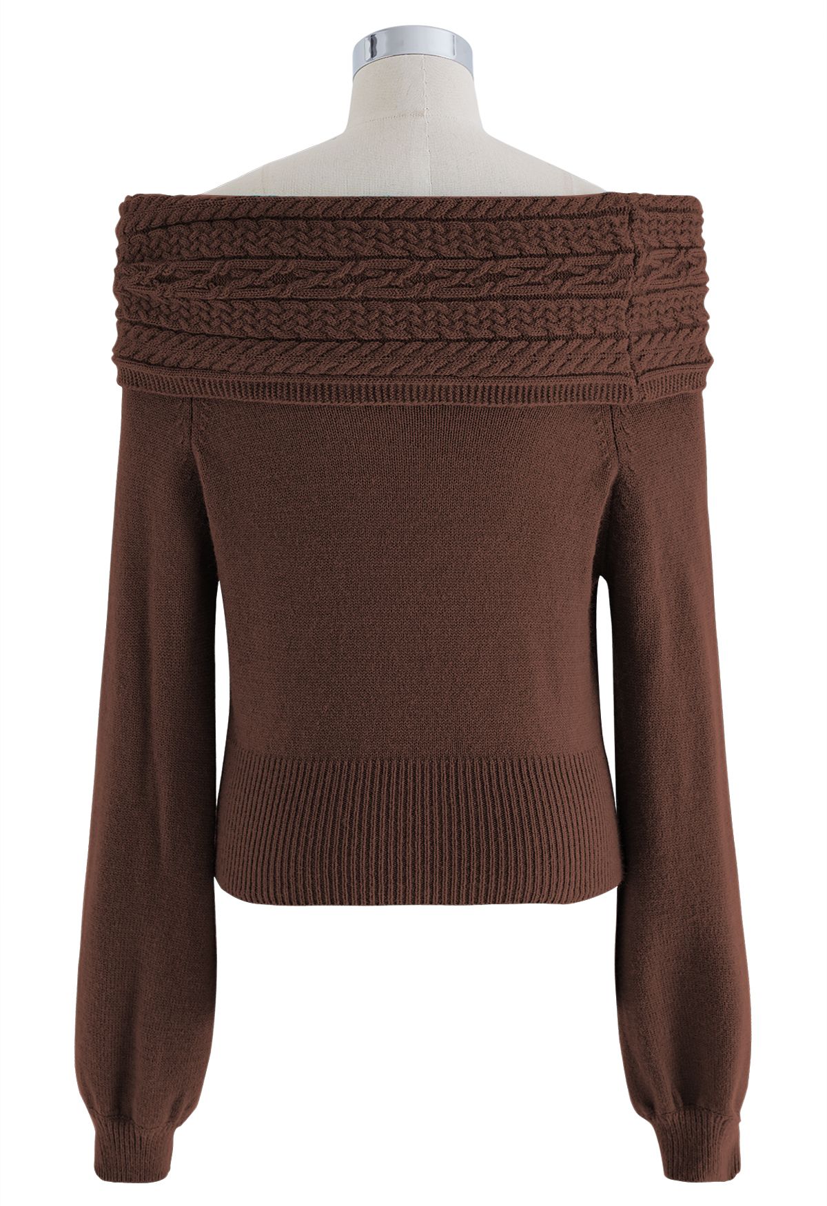 Braided Flap Off-Shoulder Knit Top in Brown