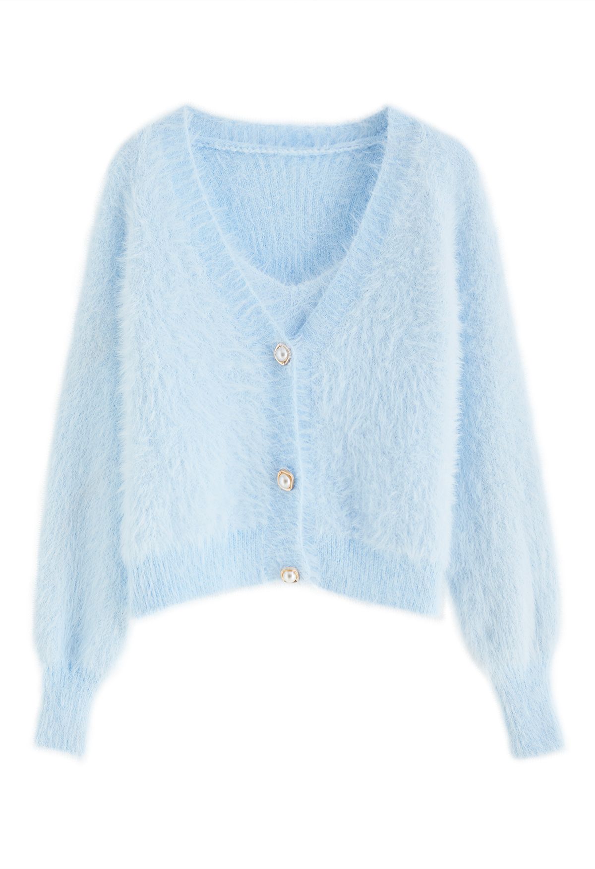 Fuzzy Cami Top and Pearly Buttoned Cardigan Set in Baby Blue