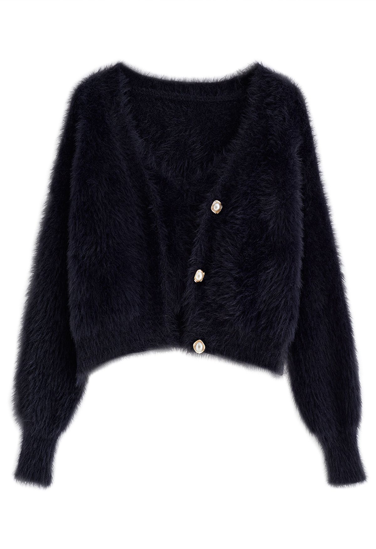 Fuzzy Cami Top and Pearly Buttoned Cardigan Set in Black