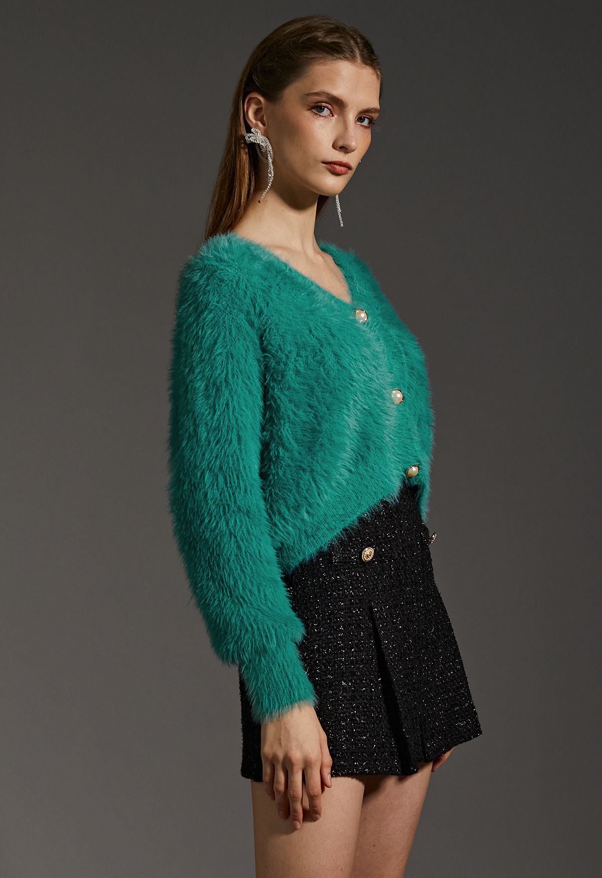 Fuzzy Cami Top and Pearly Buttoned Cardigan Set in Turquoise