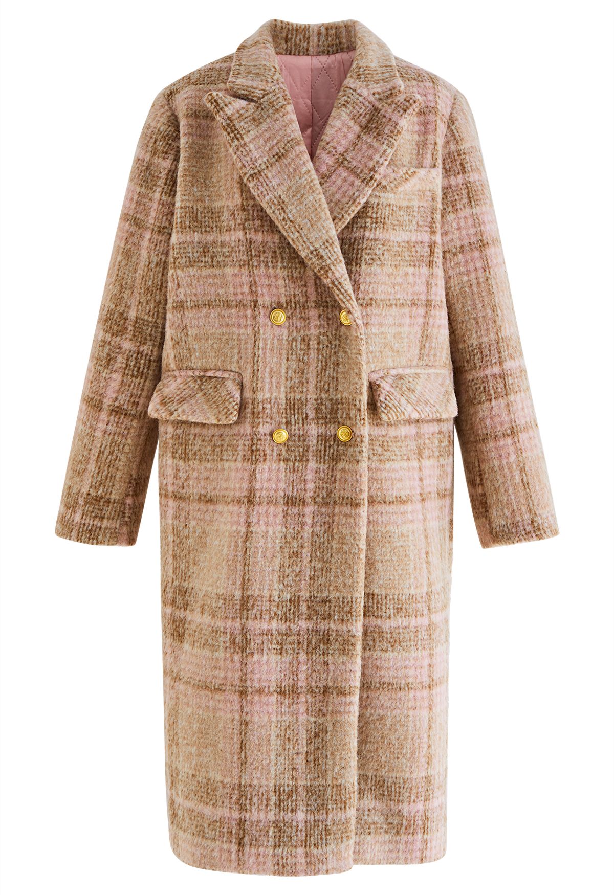 Plaid Peaked Lapel Wool-Blend Longline Coat in Tan