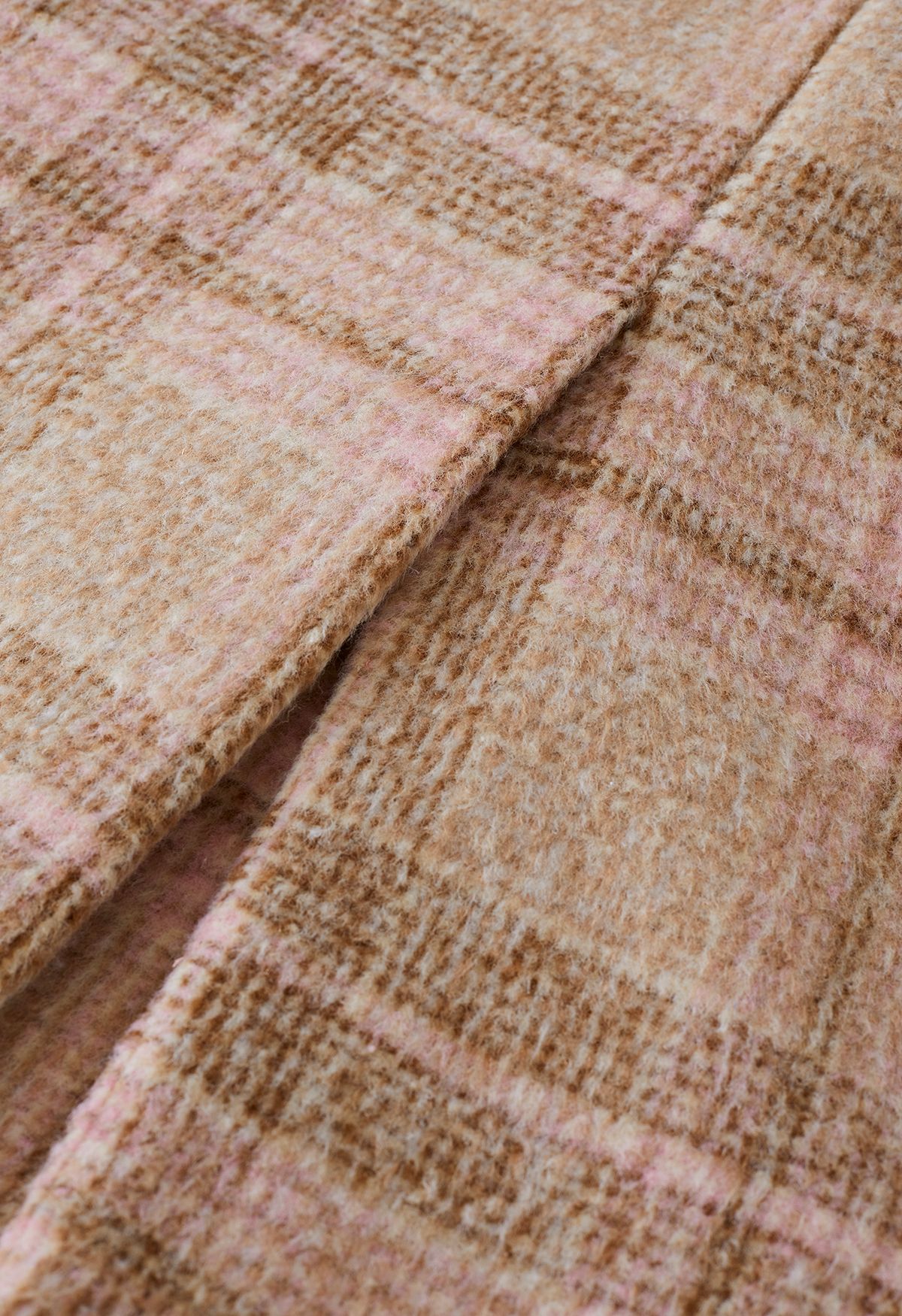Plaid Peaked Lapel Wool-Blend Longline Coat in Tan