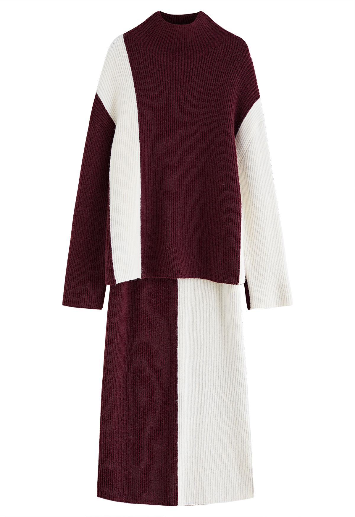Bicolor Ribbed Knit Oversized Sweater and Pencil Skirt Set in Berry