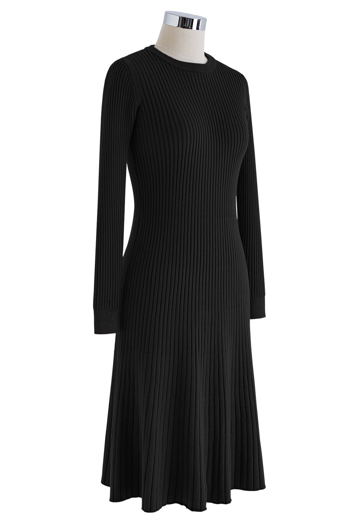 Ribbed Texture Frilling Midi Dress in Black