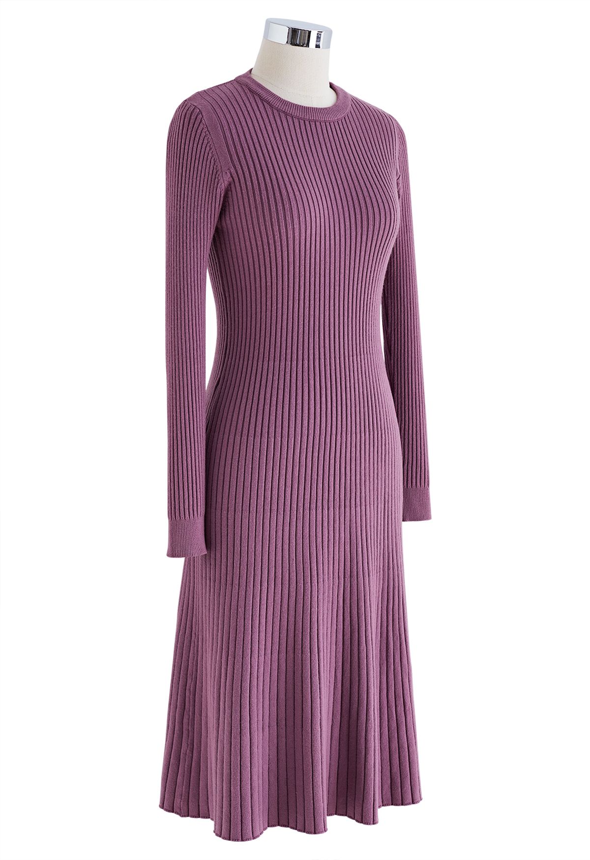 Ribbed Texture Frilling Midi Dress in Purple