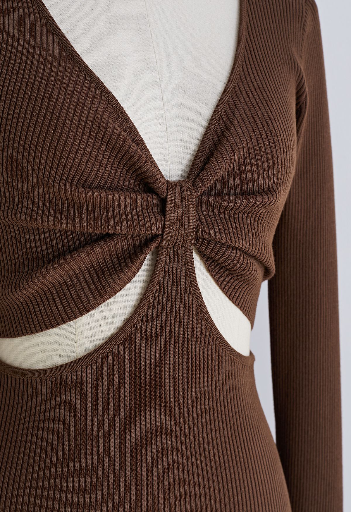 Front Cutout Split Hem Knit Dress in Brown