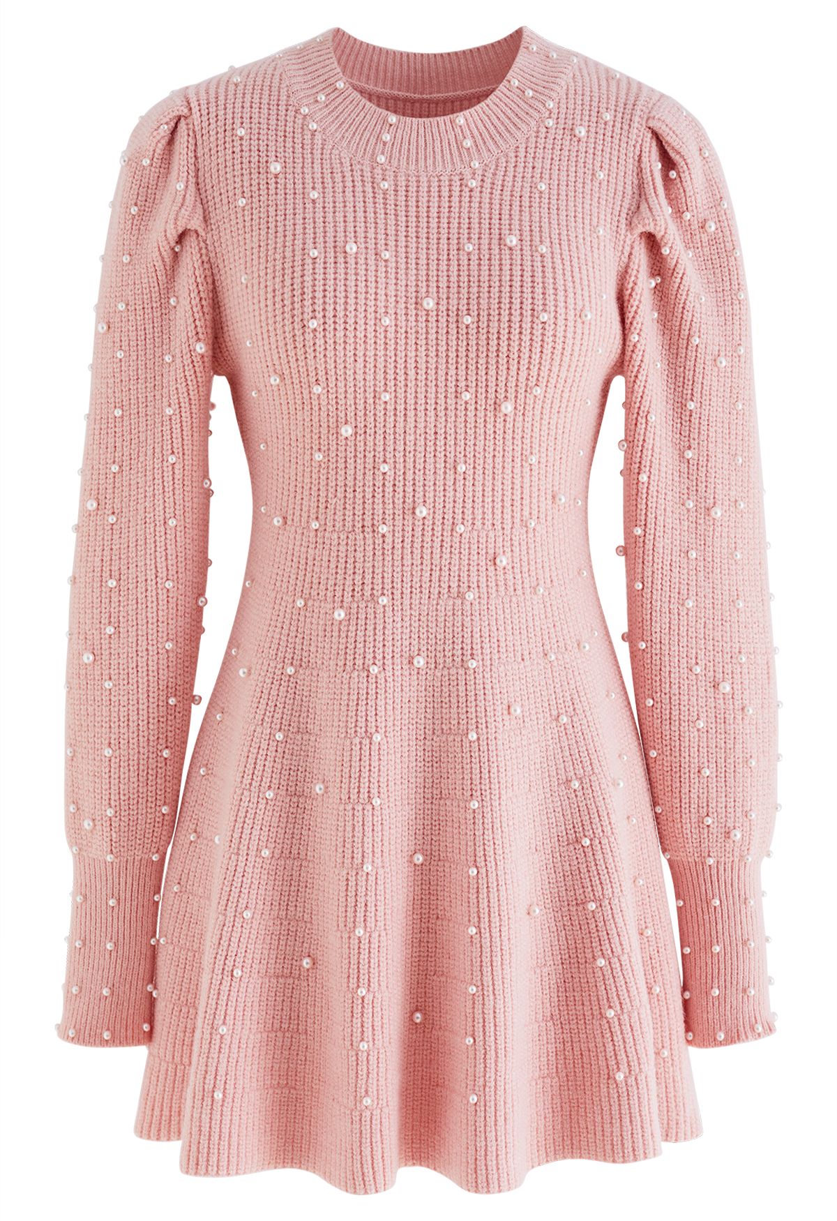 Pearl Embellished Puff Sleeve Knit Dress in Pink