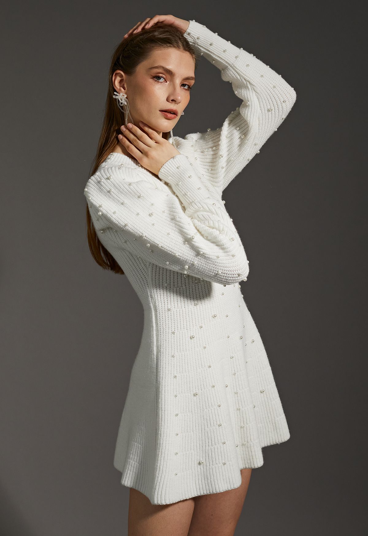 Pearl Embellished Puff Sleeve Knit Dress in White