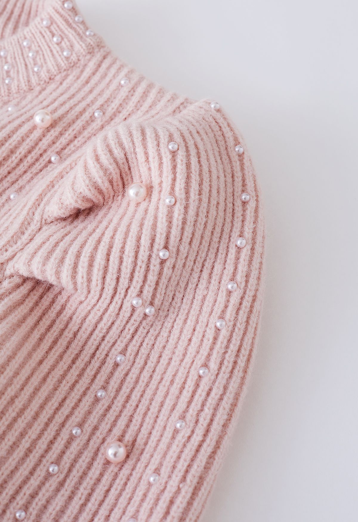 Pearl Embellished Puff Sleeve Knit Sweater in Pink