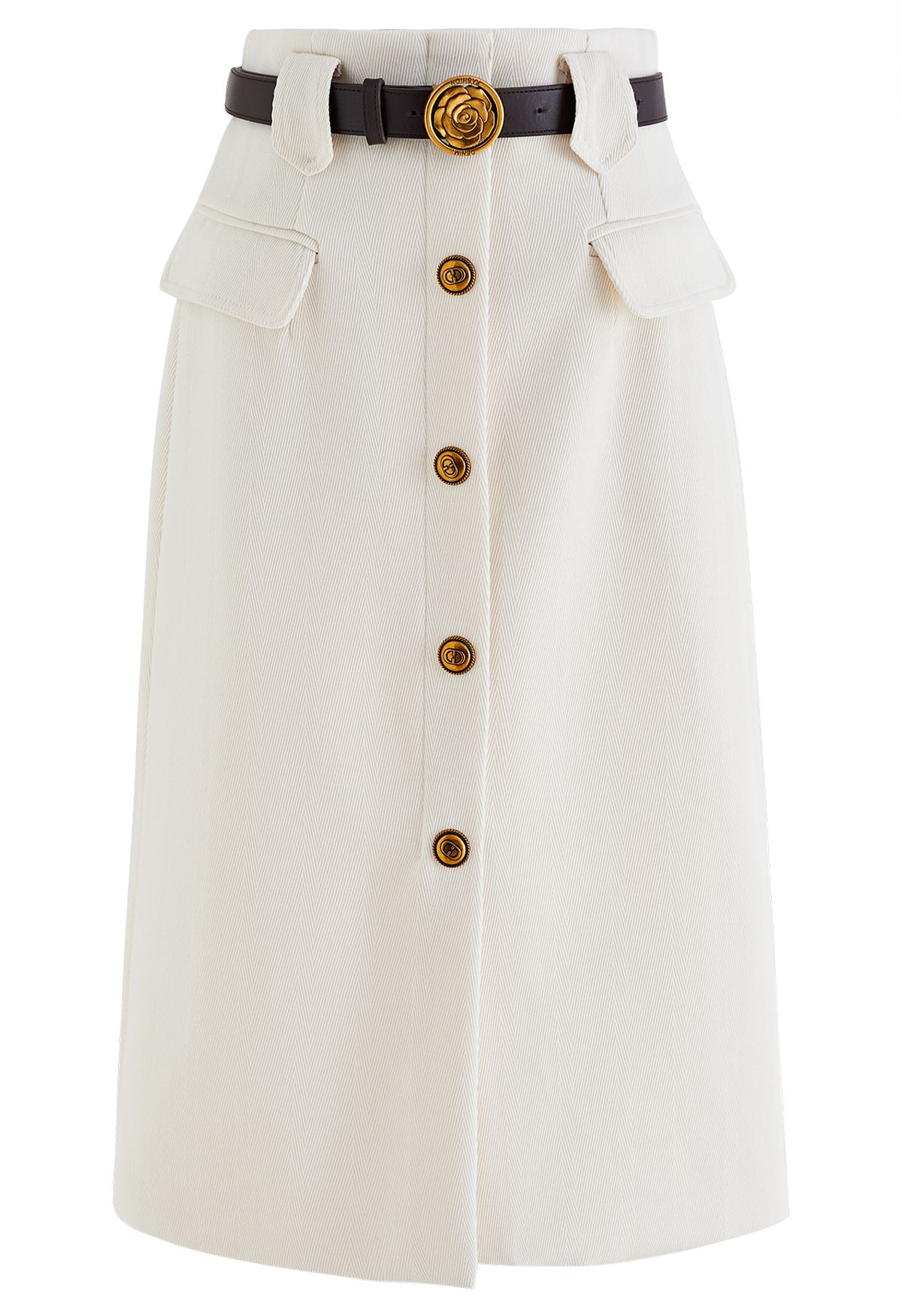 Vintage Button Flap Pocket Midi Skirt in White