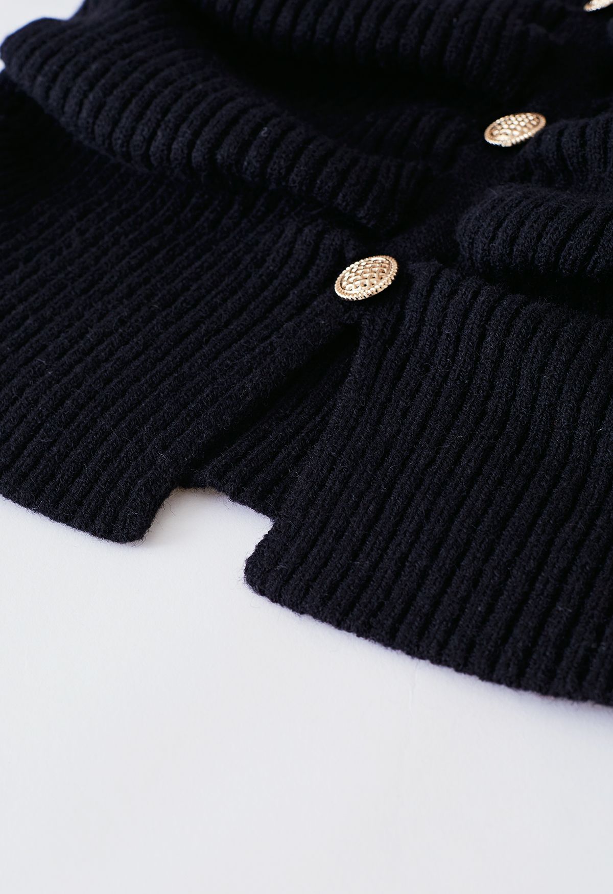 Contrast Color Buttoned Puff Sleeve Knit Sweater in Black