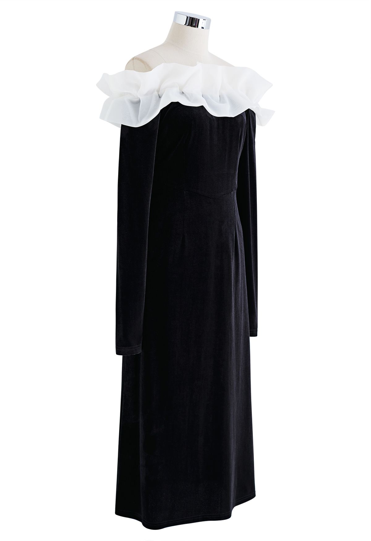 Ruffle Organza Off-Shoulder Velvet Midi Dress