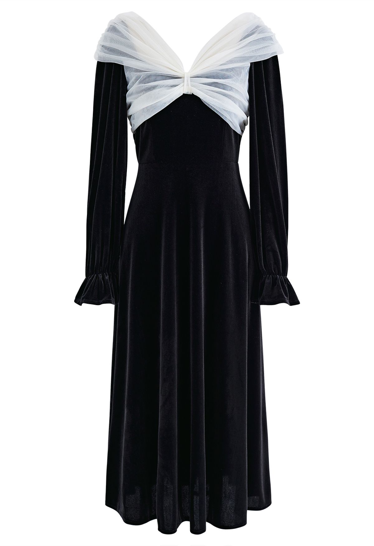 Bowknot Mesh Shoulder Velvet Midi Dress