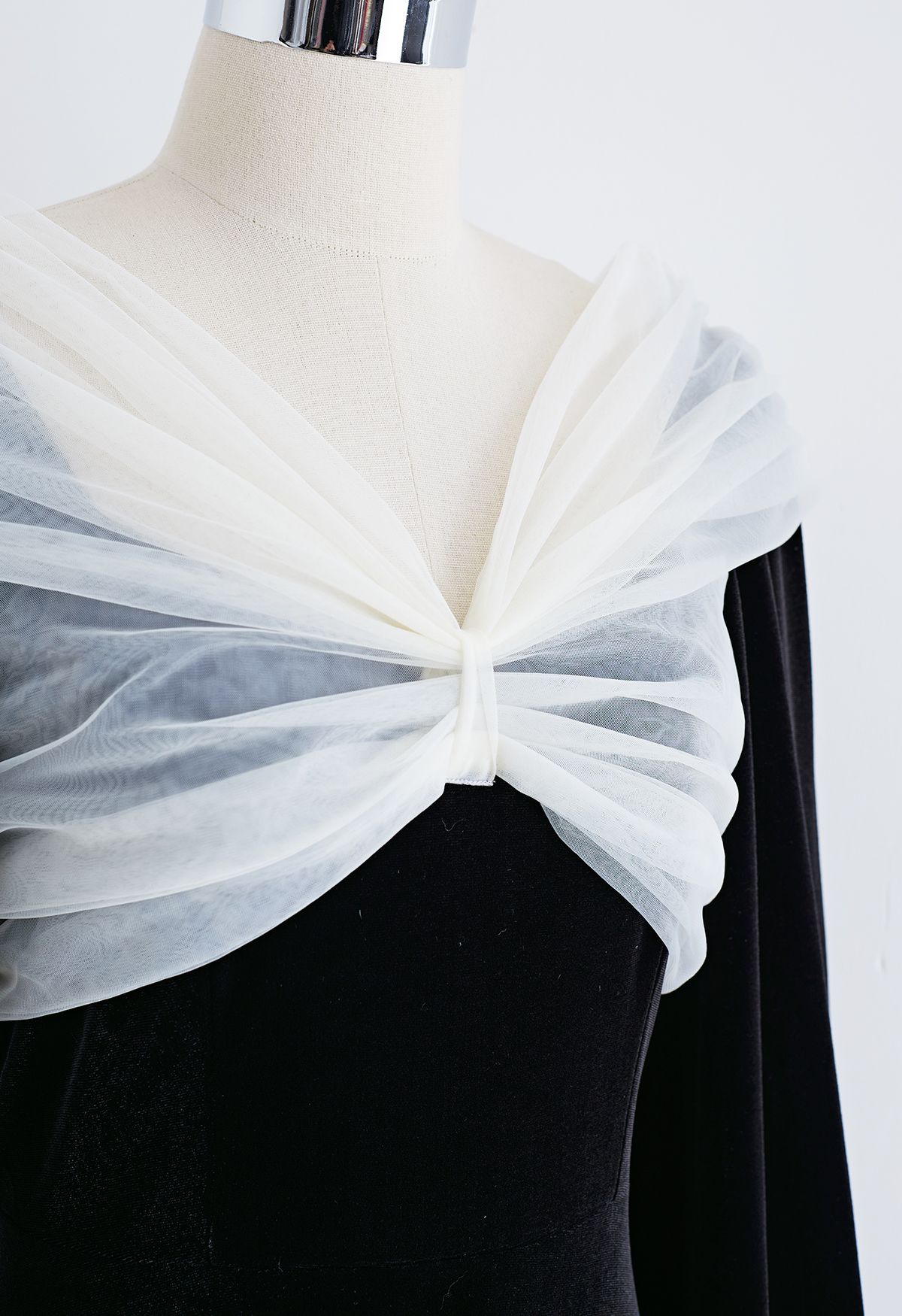 Bowknot Mesh Shoulder Velvet Midi Dress