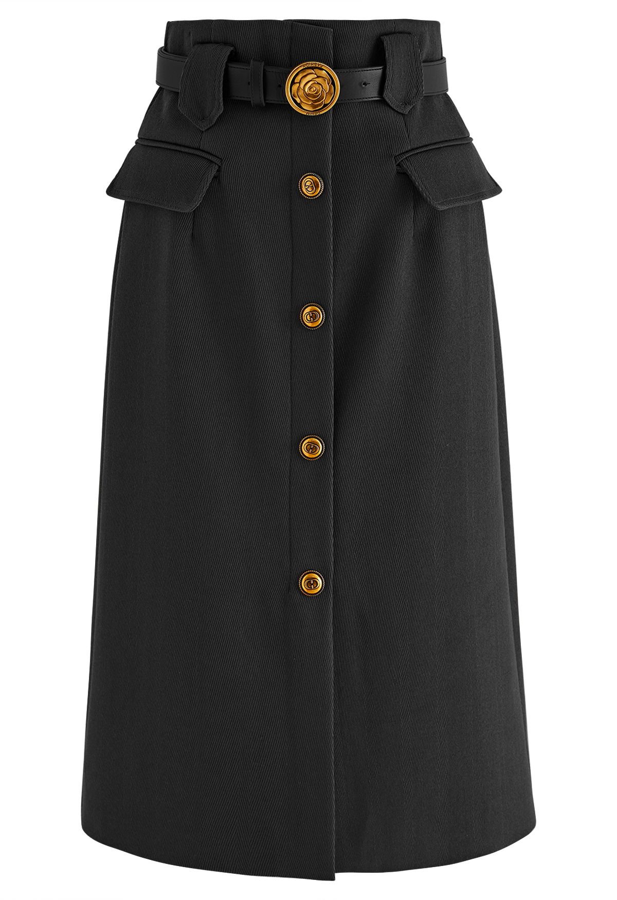 Vintage Button Flap Pocket Midi Skirt in Black