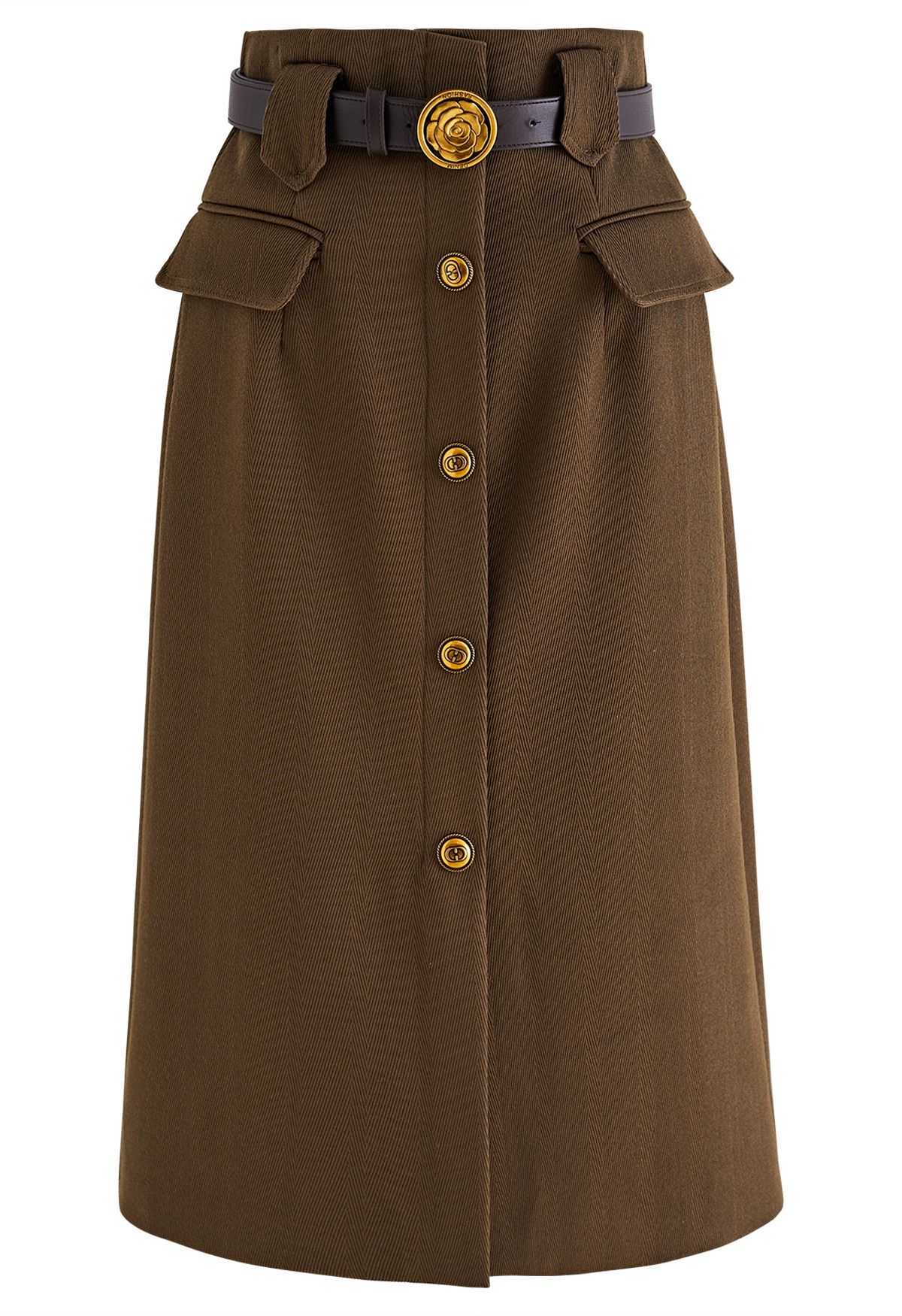 Vintage Button Flap Pocket Midi Skirt in Khaki