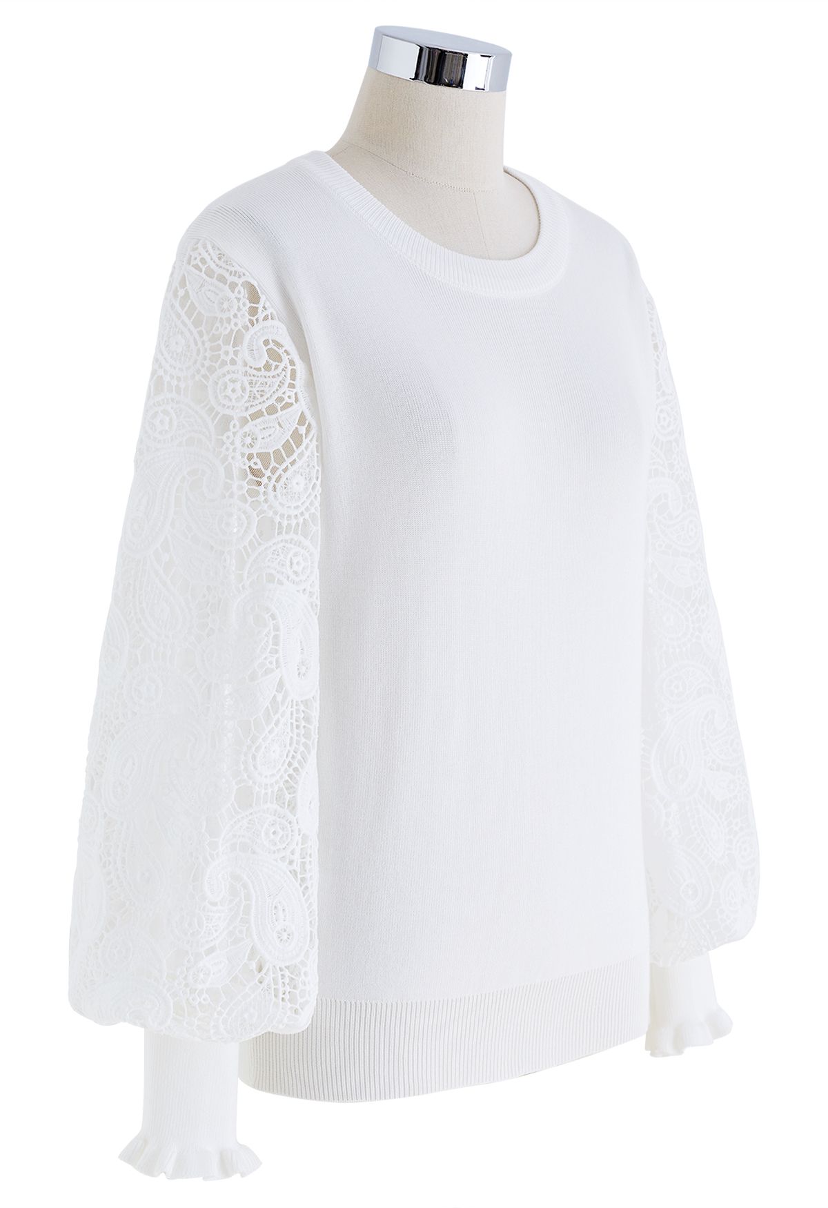Paisley Crochet Sleeve Knit Top in White