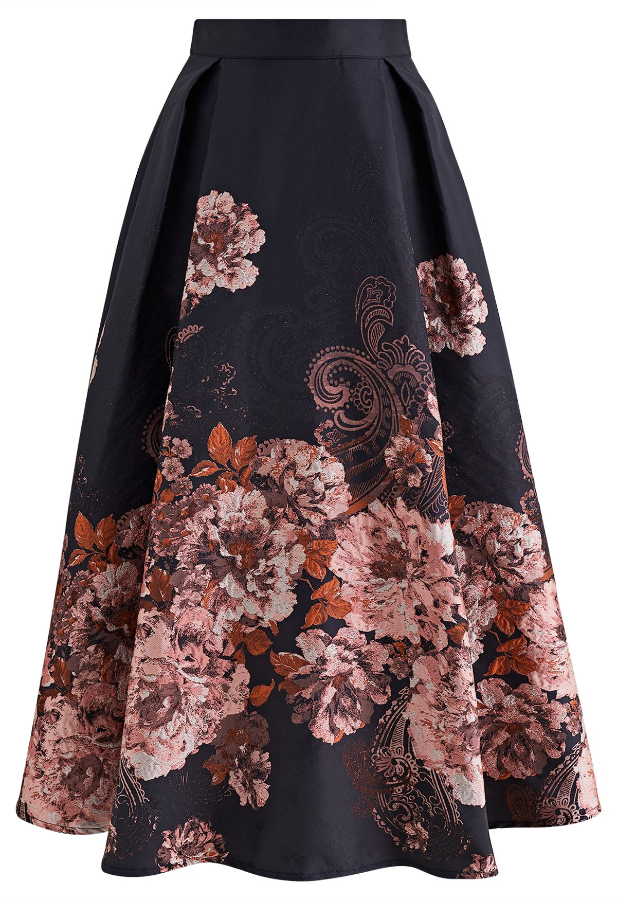 Bewitching Peony Jacquard Flare Skirt in Black