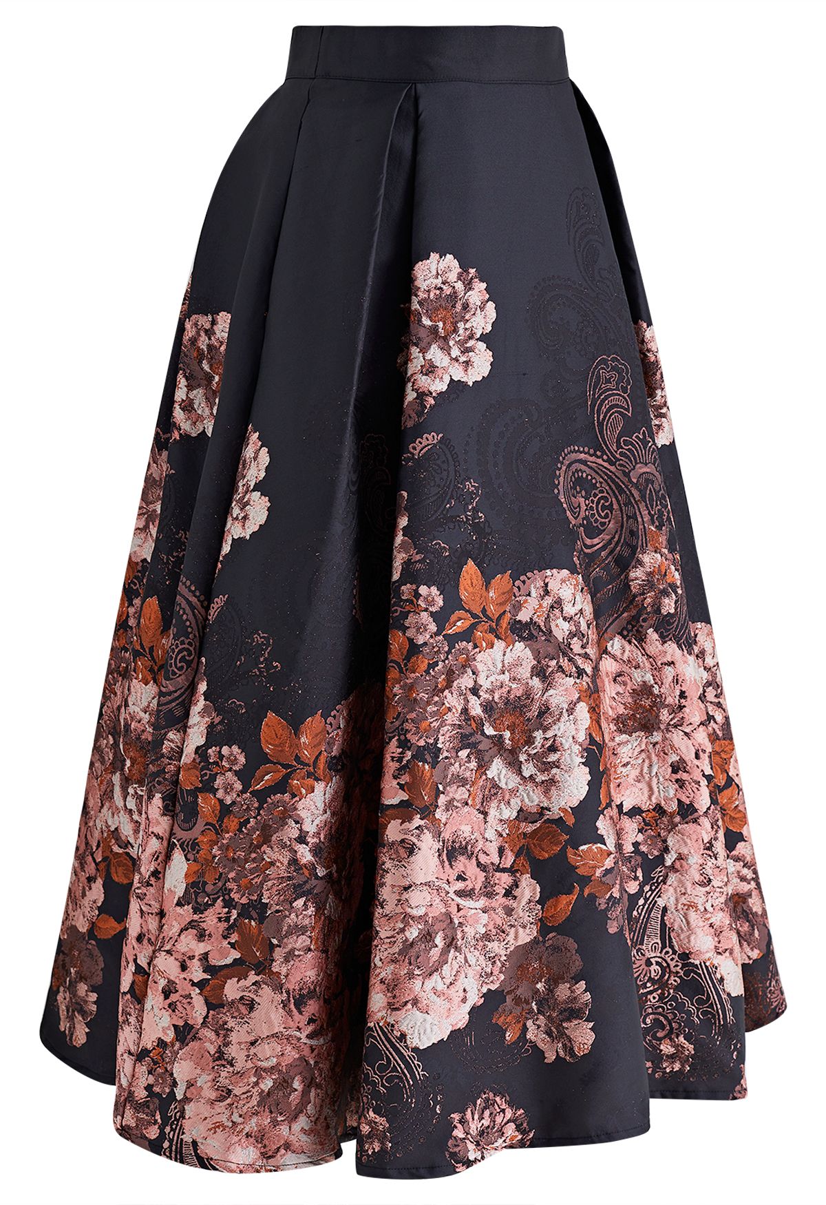 Bewitching Peony Jacquard Flare Skirt in Black