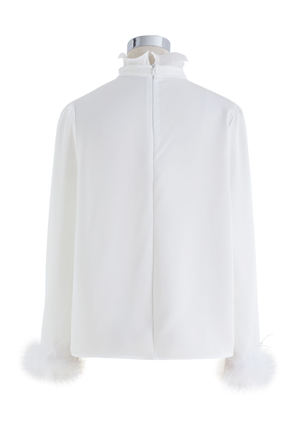 Ruffled Neckline Feathered Cuffs Satin Shirt in White