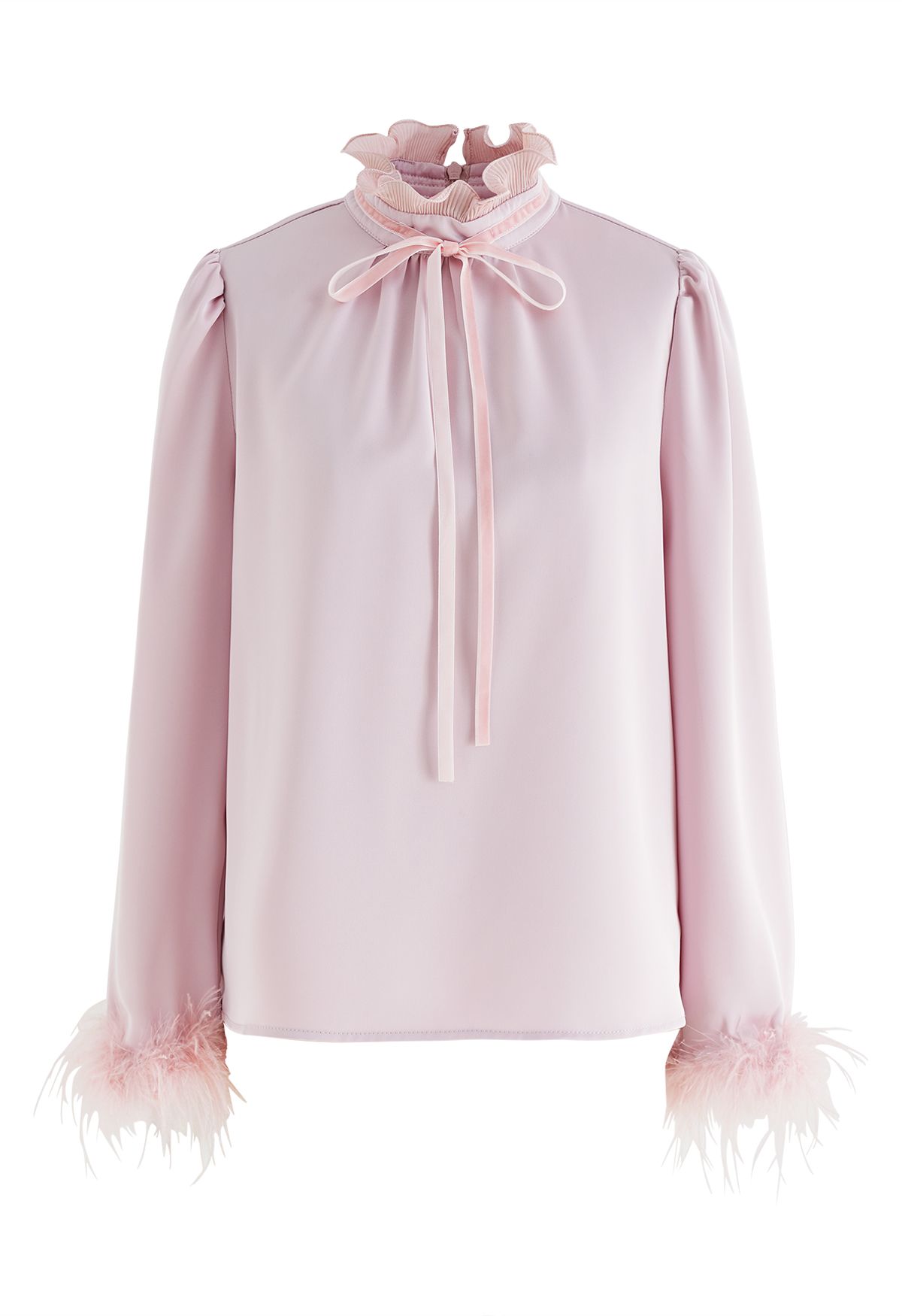 Ruffled Neckline Feathered Cuffs Satin Shirt in Pink