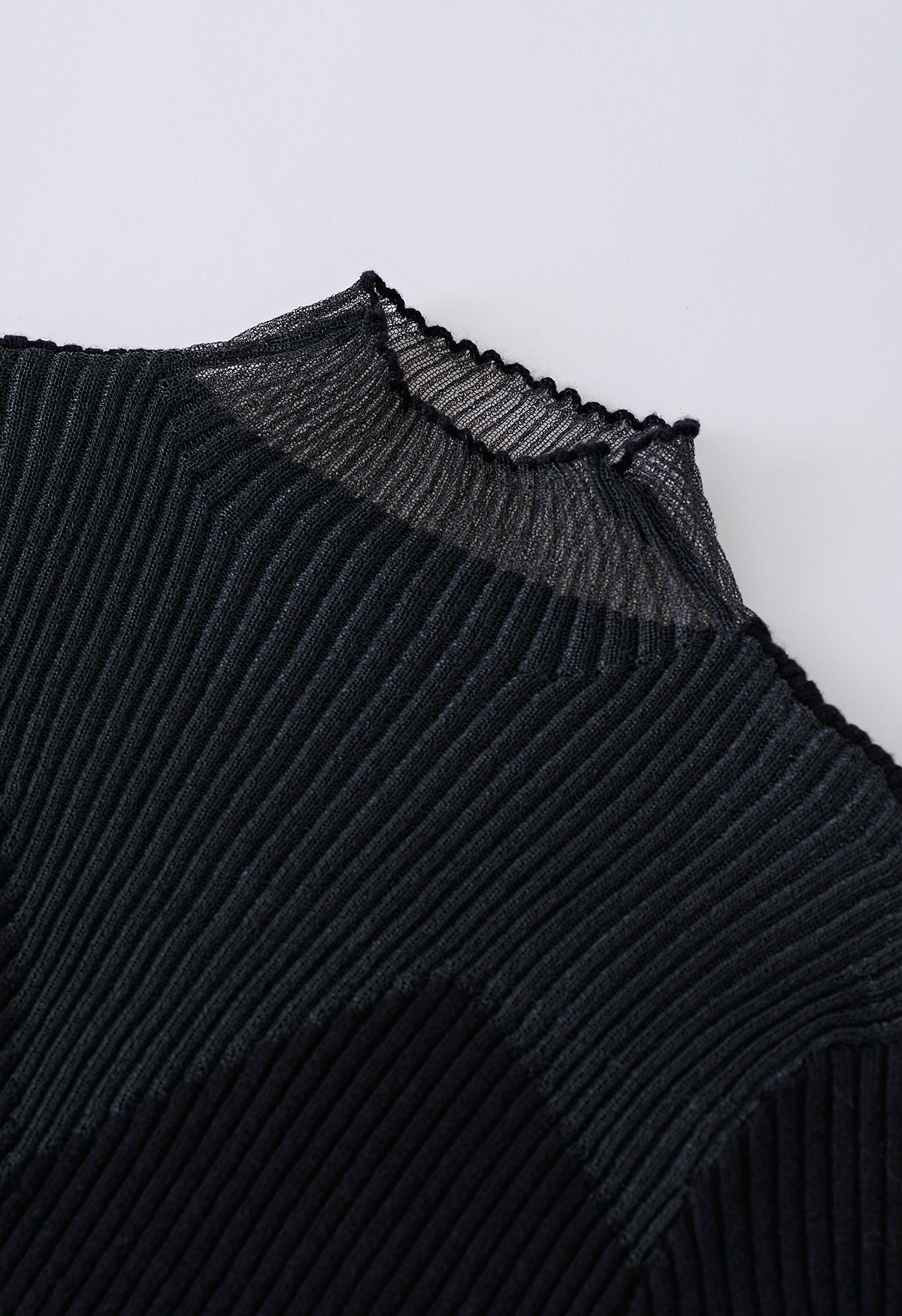 Mock Neck Zigzag Mesh Splicing Knit Top in Black