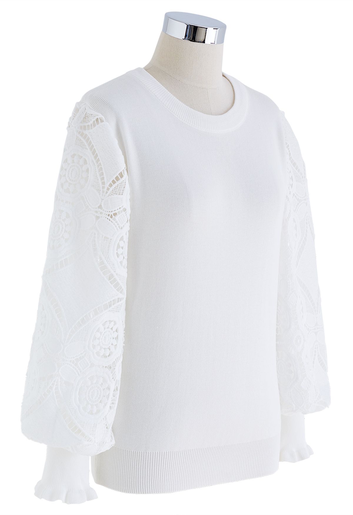 Floral Crochet Sleeve Knit Top in White