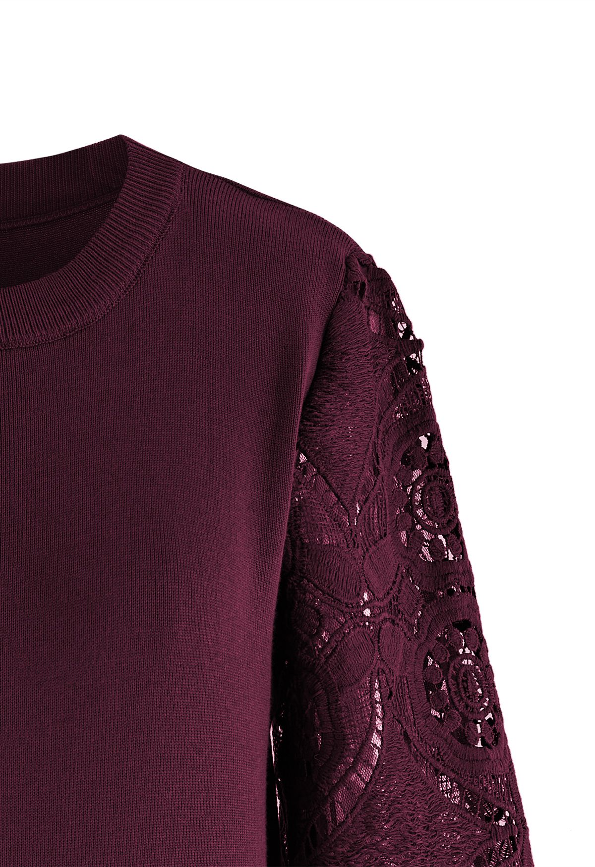 Floral Crochet Sleeve Knit Top in Burgundy