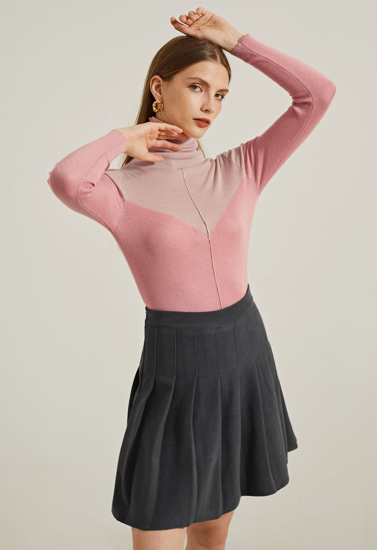 High Waist Wool-Blend Pleated Skater Skirt in Smoke