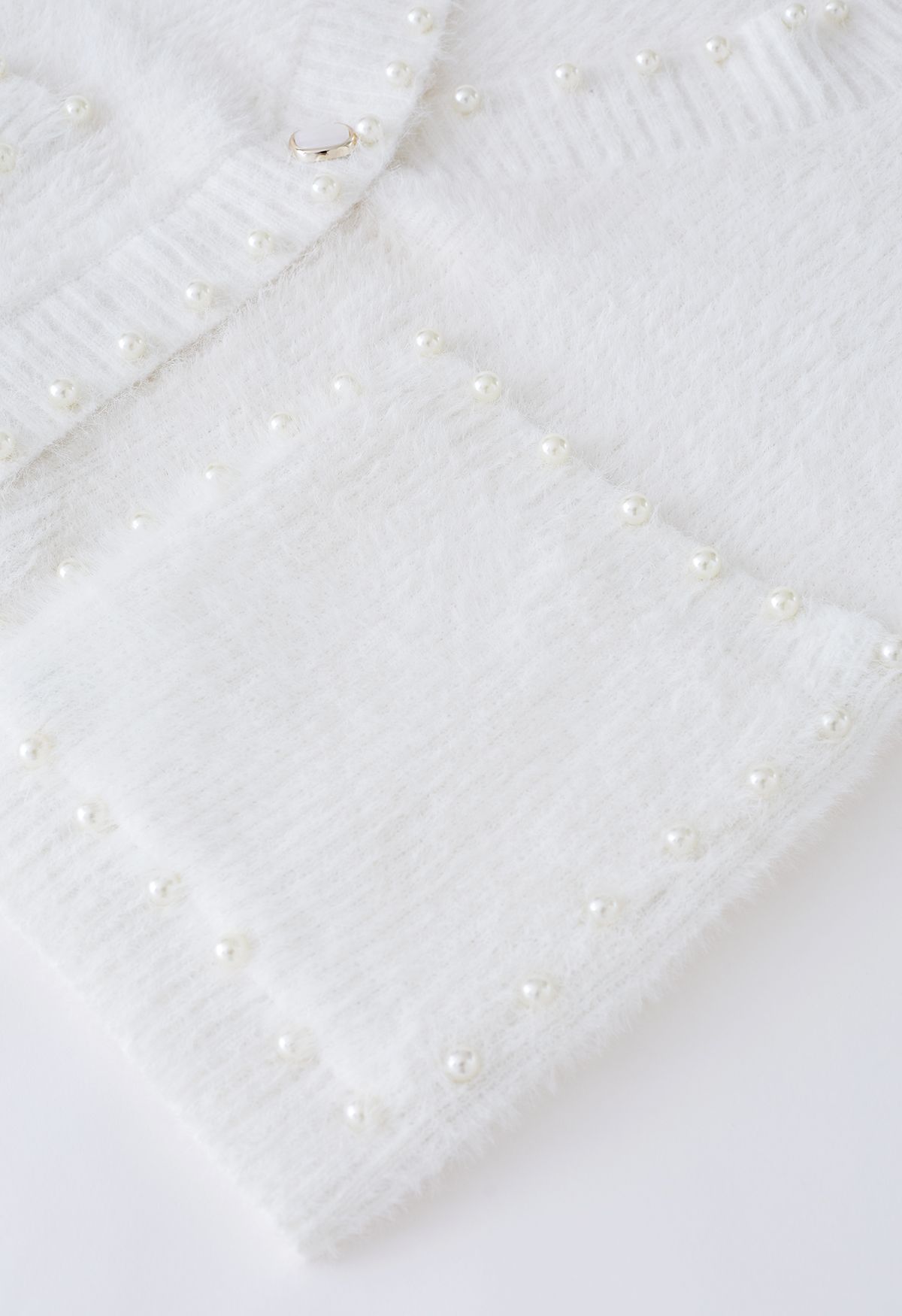 Pearls Trim Pocket Fuzzy Knit Cardigan in White