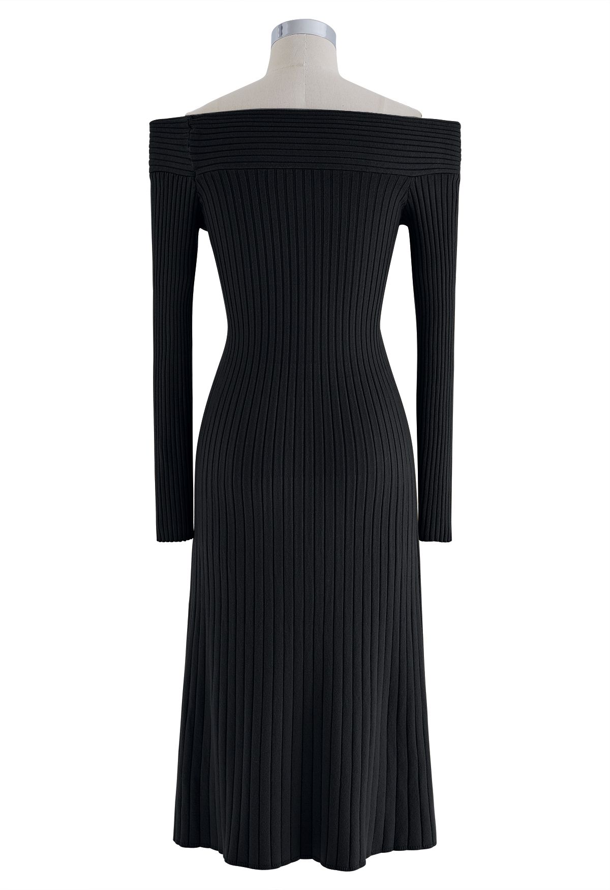 Twisted Off-Shoulder Ribbed Knit Dress in Black