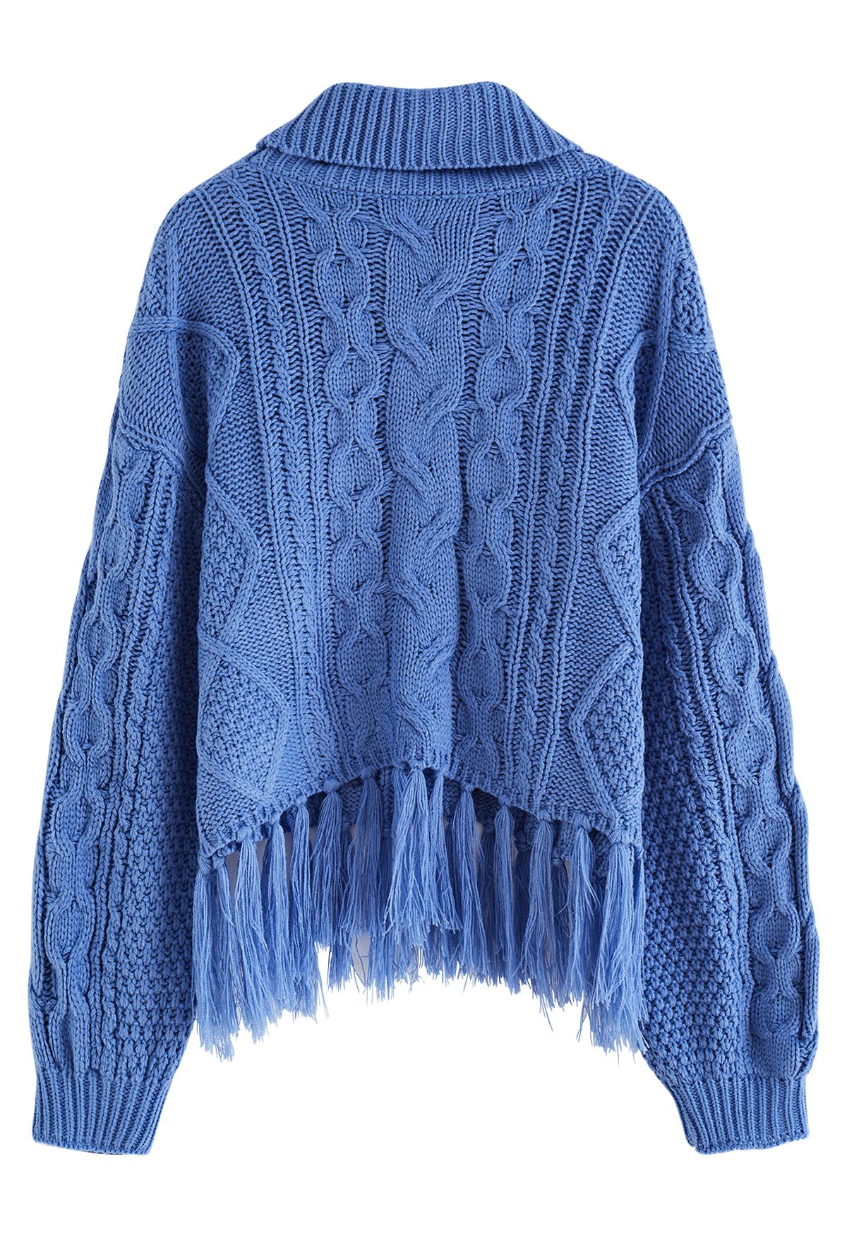 Turtleneck Tassel Trim Cable Knit Sweater in Blue