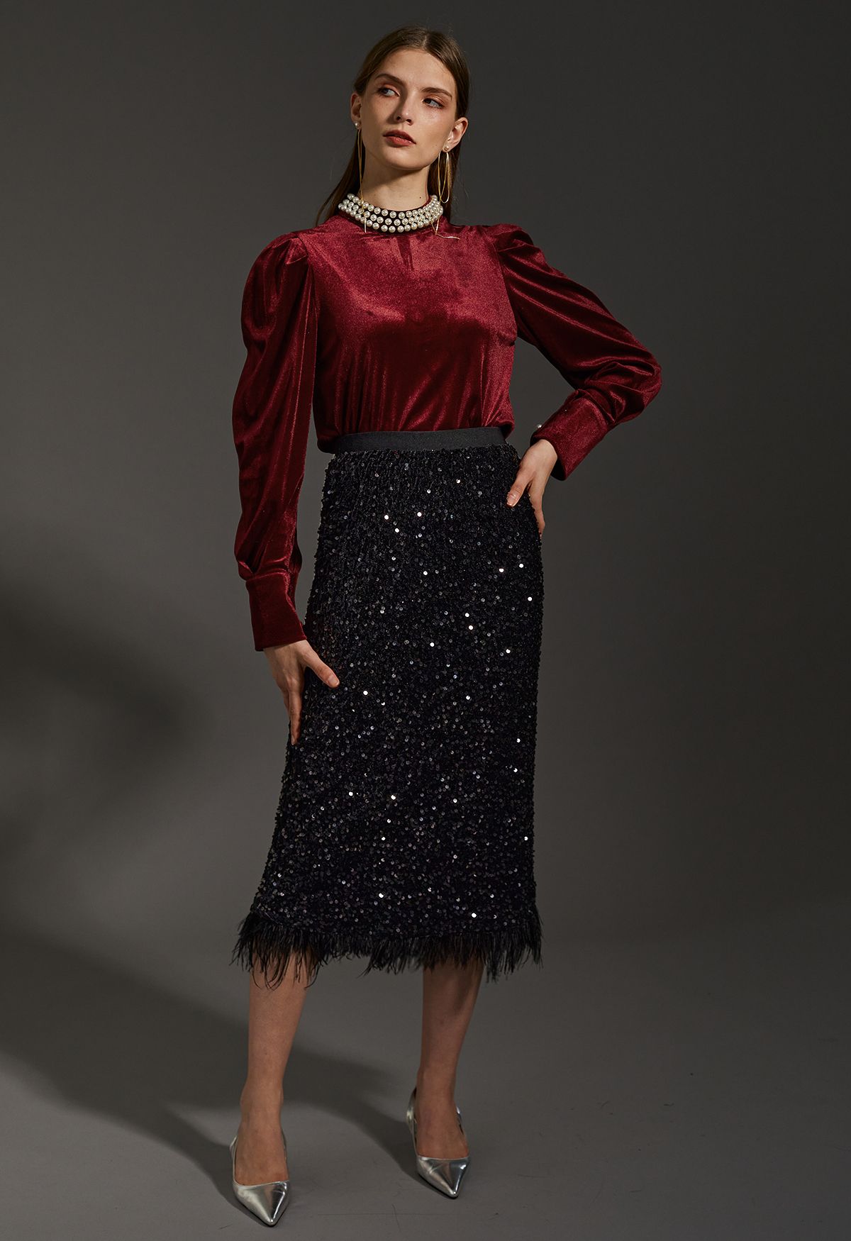 Velvet Sequined Feathered Hem Pencil Skirt in Black