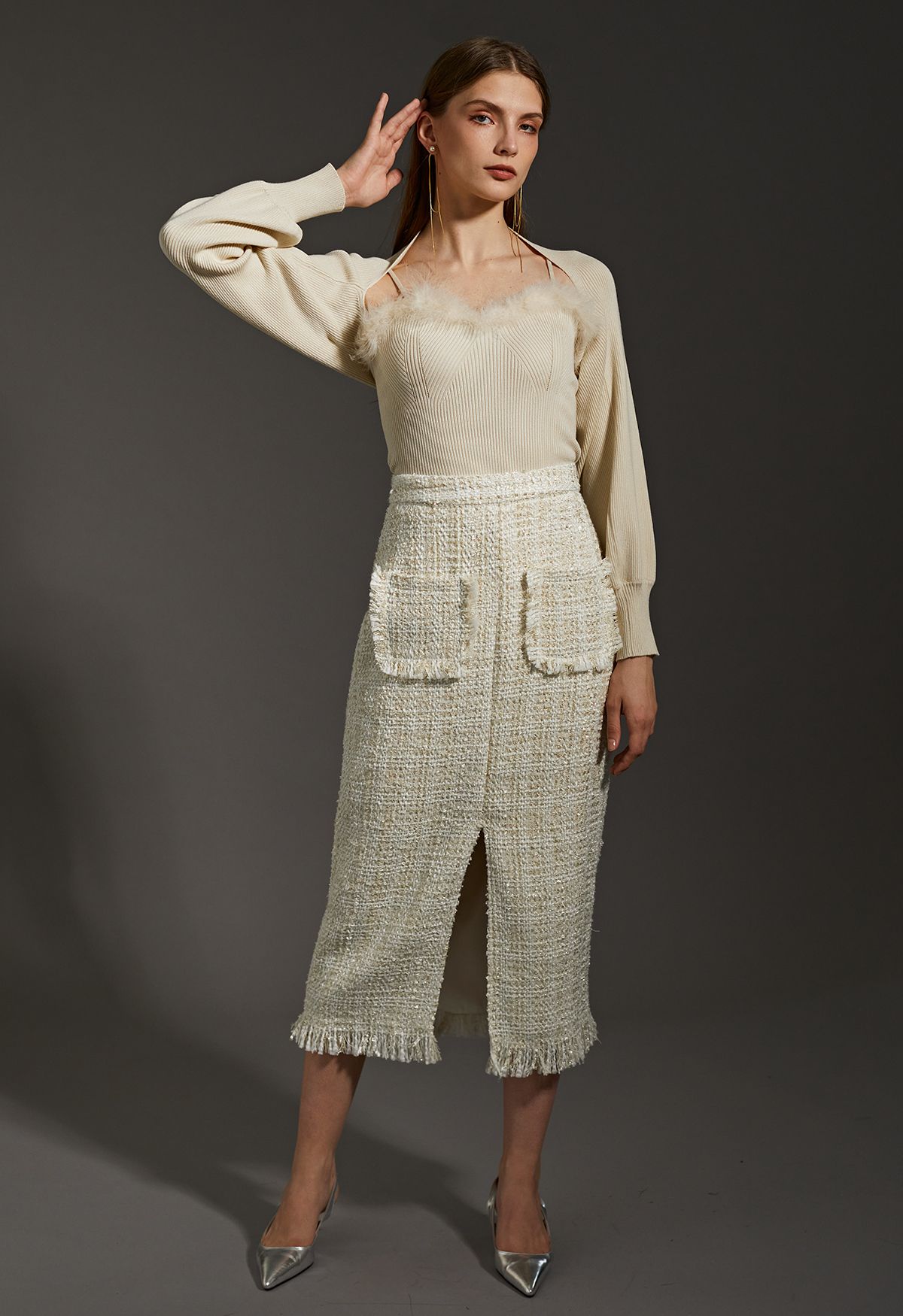 Shimmer Tweed Fringe Detail Split Pencil Skirt