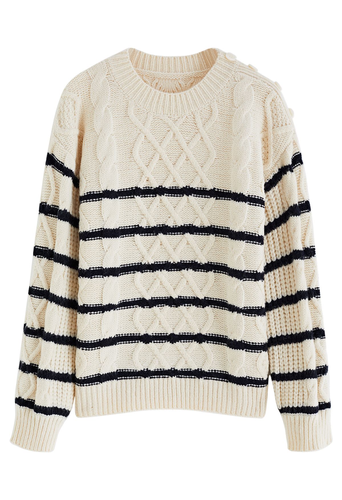 Buttoned Shoulder Striped Cable Knit Sweater