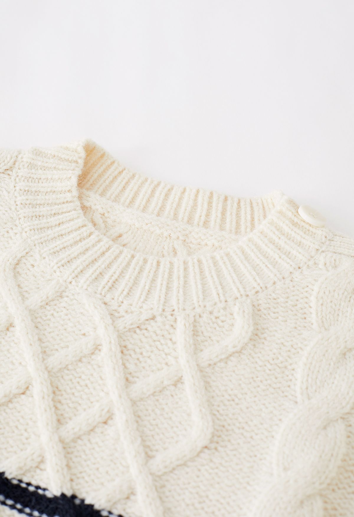 Buttoned Shoulder Striped Cable Knit Sweater