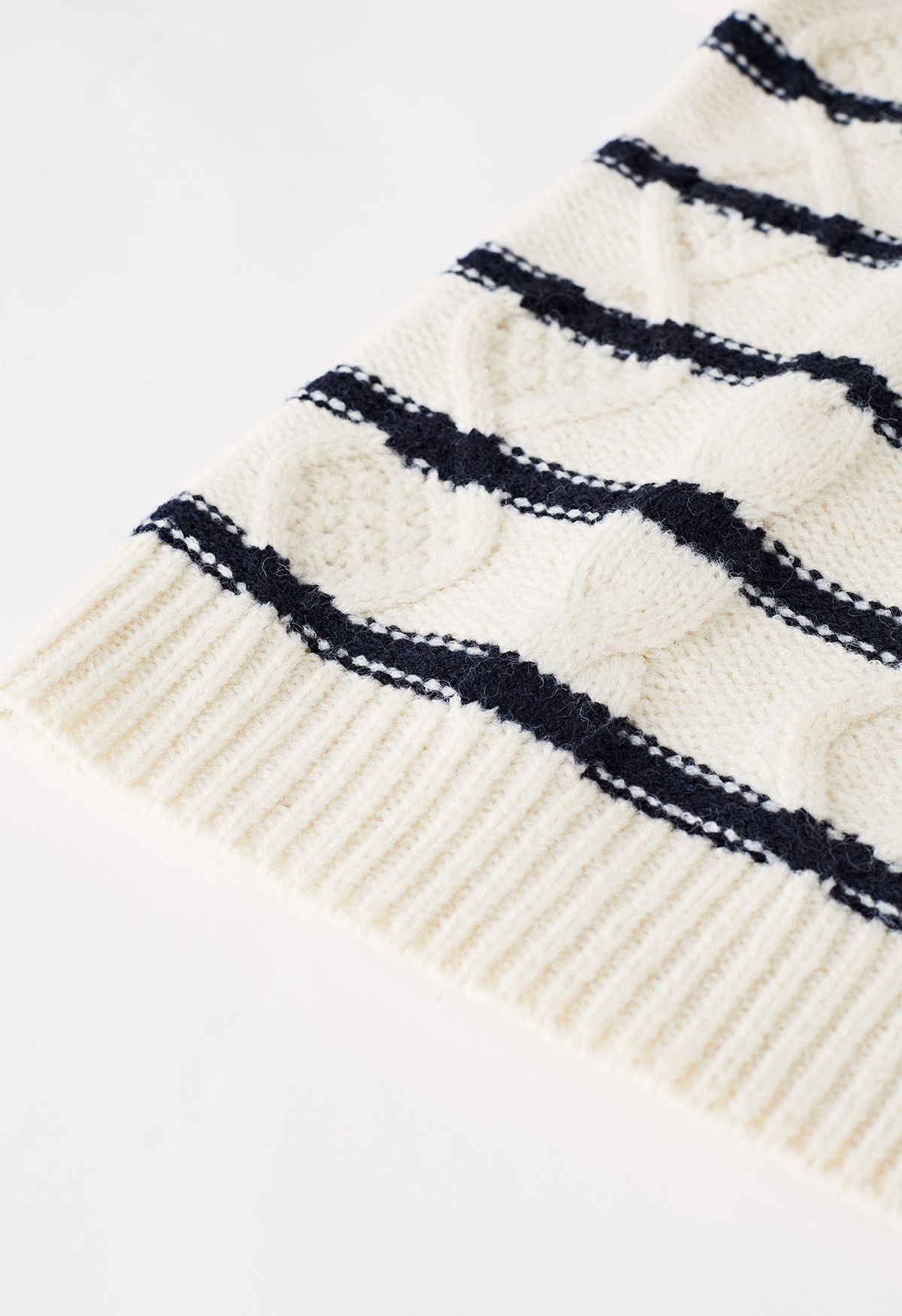 Buttoned Shoulder Striped Cable Knit Sweater