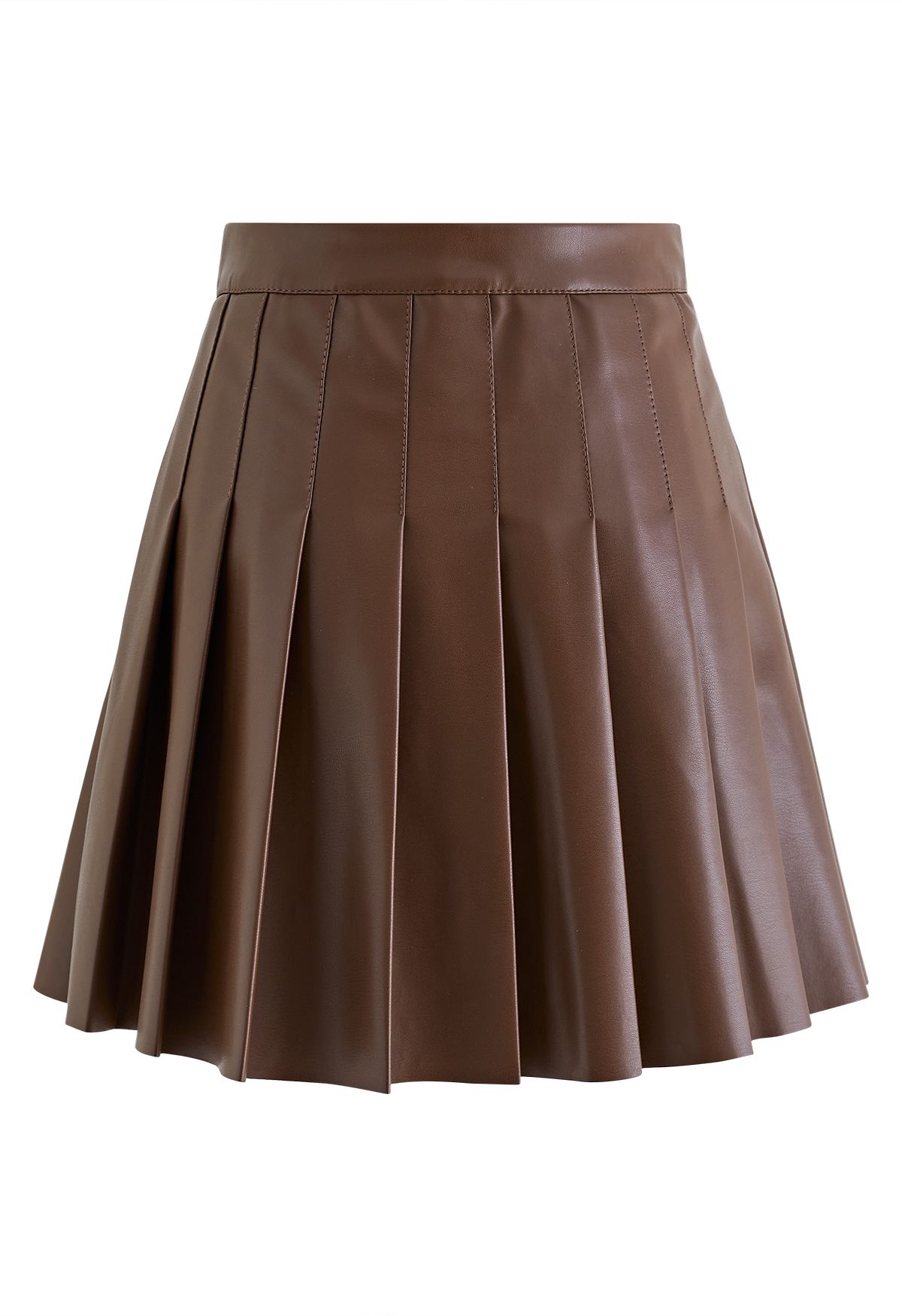 Faux Leather Pleated Flare Mini Skirt in Brown