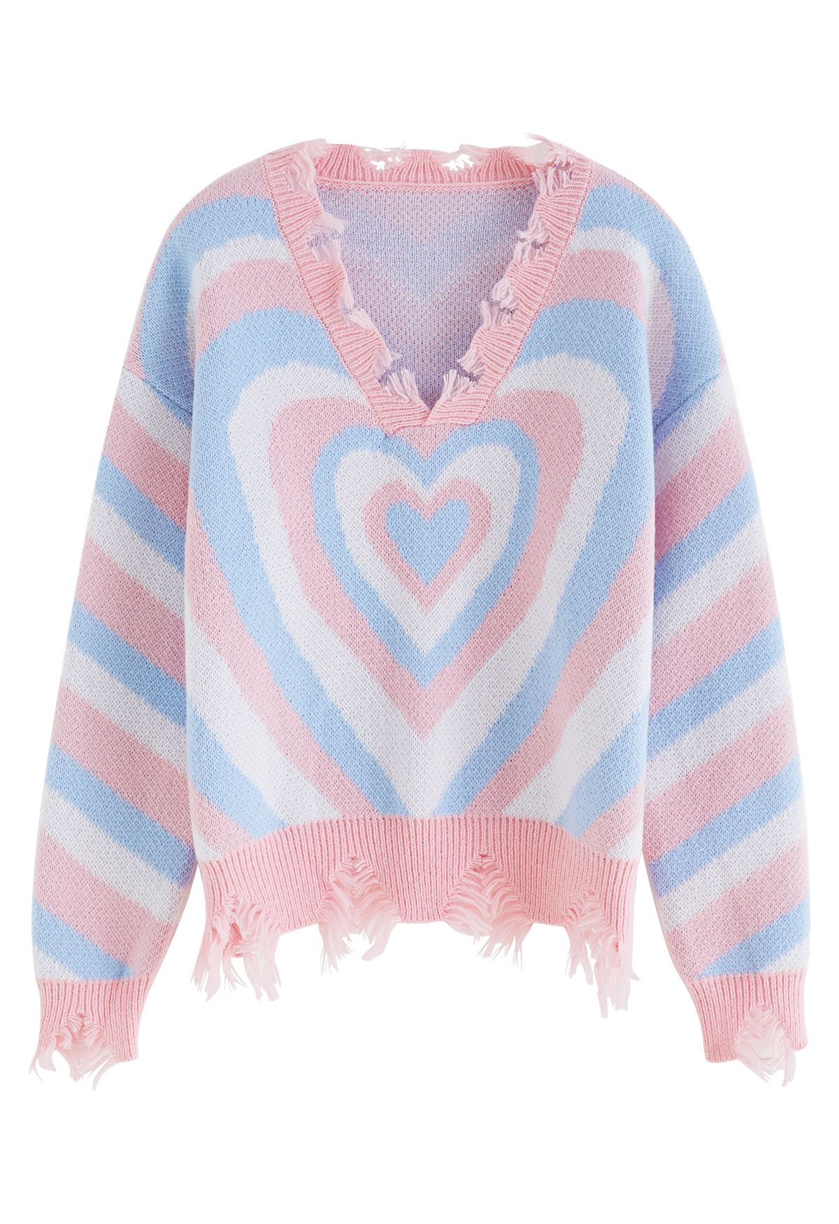 Multilayer Heart Frayed Edge Knit Sweater in Blue