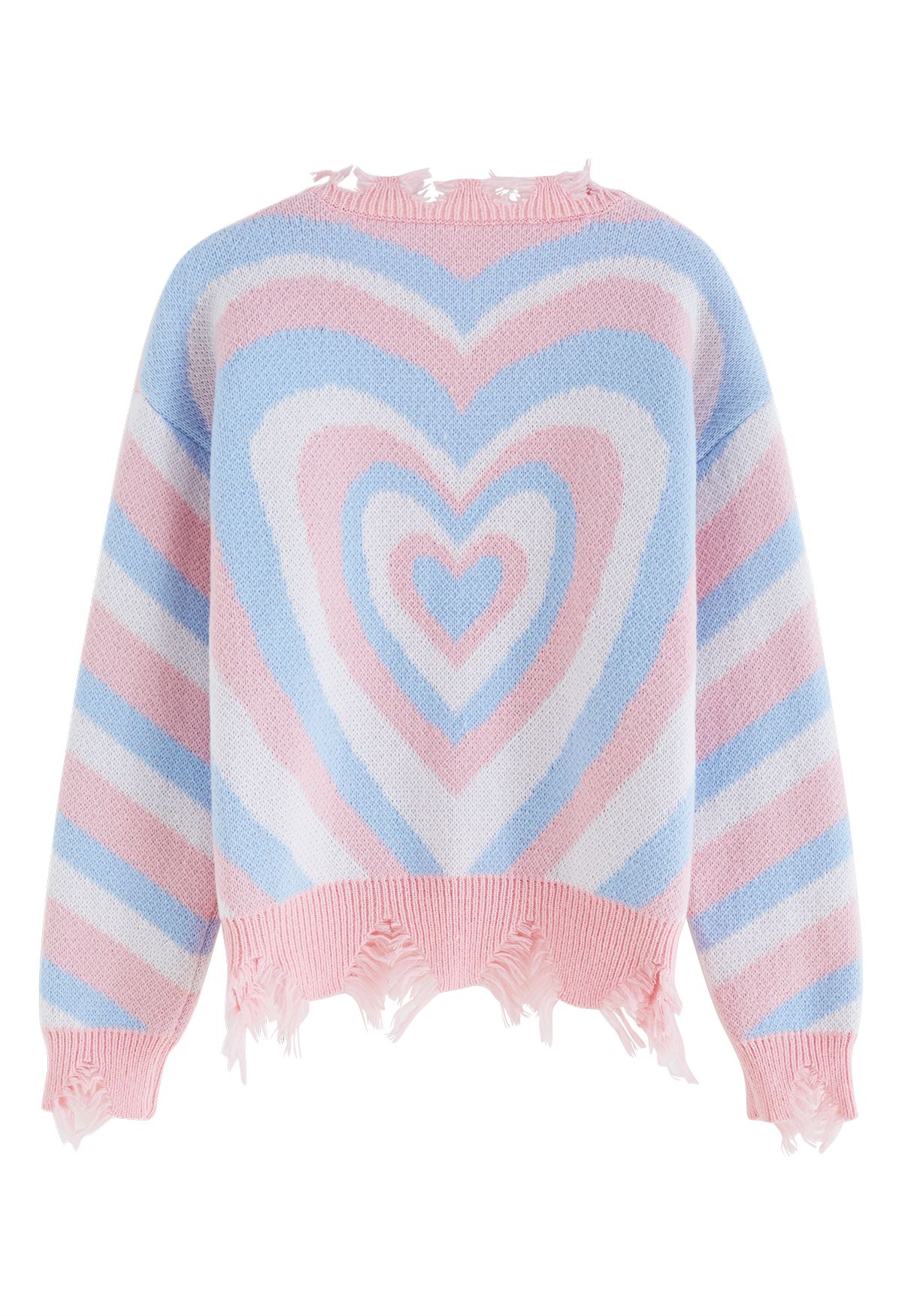 Multilayer Heart Frayed Edge Knit Sweater in Blue