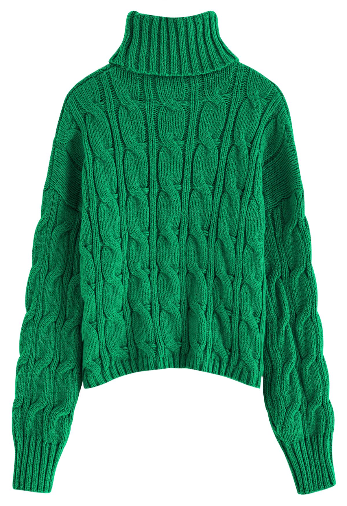 Turtleneck Braid Knit Sweater in Green